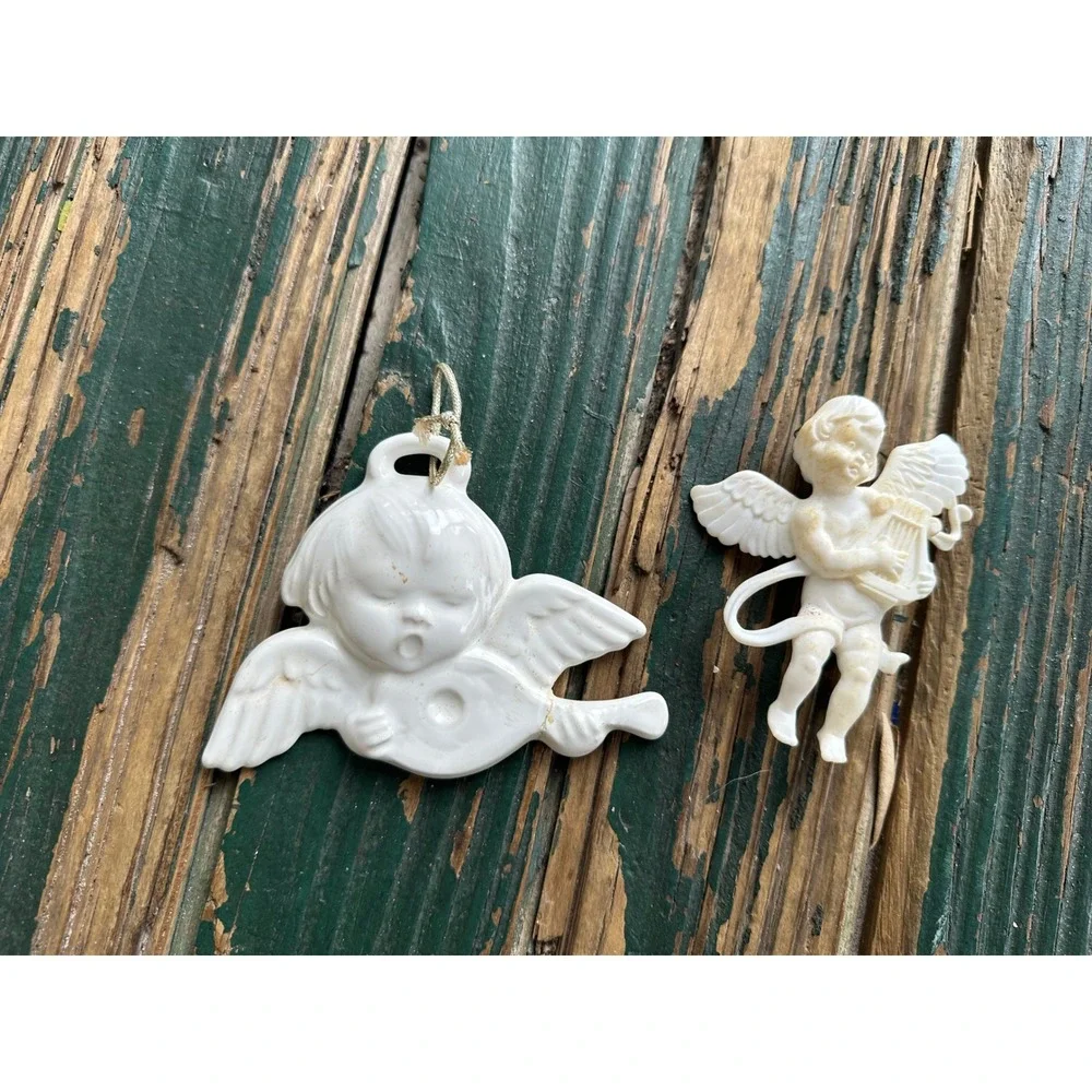 Vintage White Angel Cherub Ornaments Set of 2 Hong Kong Plastic Ceramic Angel